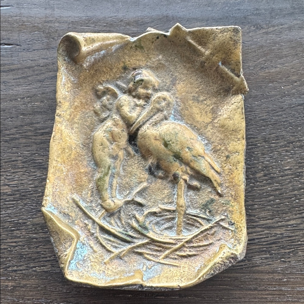 Vintage Brass Cupid with Stork Trinket Tray Art Nouveau Style - Picture 2 of 8